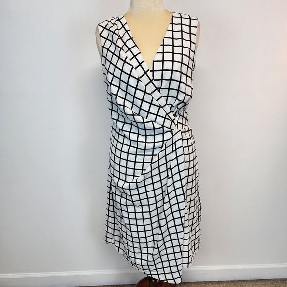 Kenneth Cole Side Ruching Sheath Dress Sz 10 Ivory Black Windowpane Office Siren - Picture 1 of 13